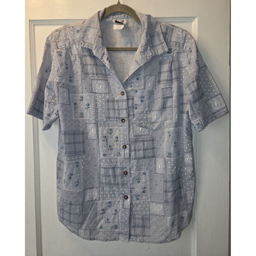 Vintage 80's Tap and Co Blue Patchwork Print Short Sleeve Button Blouse Granny L